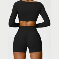 Stylish Long-Sleeve Top Scrunched Short Set - Black