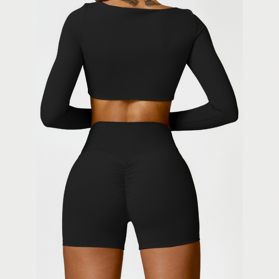 Stylish Long-Sleeve Top Scrunched Short Set - Black