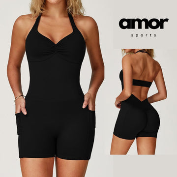 BILLI Scrunched V-Back Romper - Black