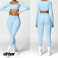 Stylish Long-Sleeve Top Skinny Scrunched Legging Set - Blue
