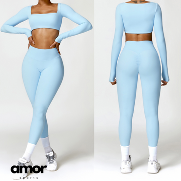 Stylish Long-Sleeve Top Skinny Scrunched Legging Set - Blue