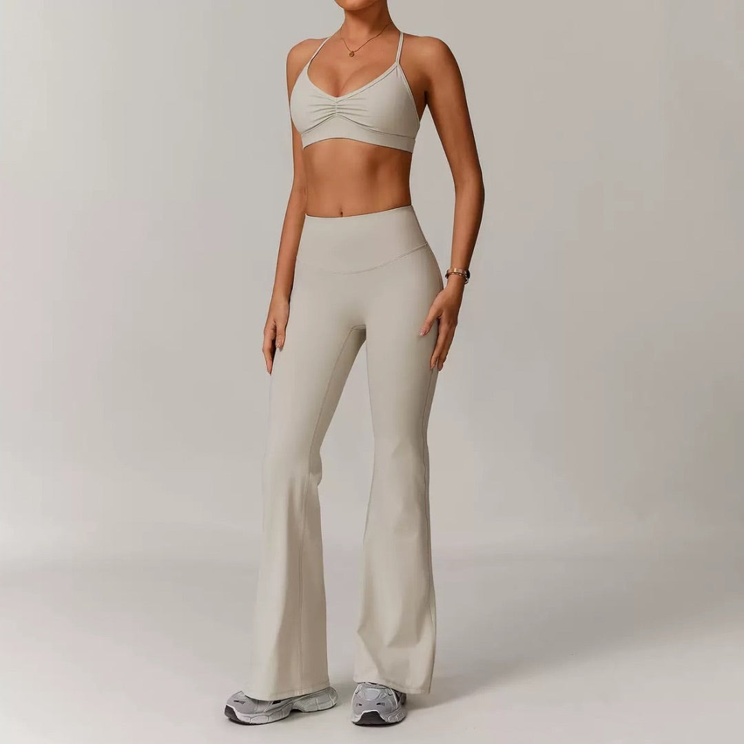 ELINA Comfy Sports Bra Flared Legging Set - Beige