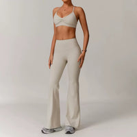 ELINA Comfy Sports Bra Flared Legging Set - Beige