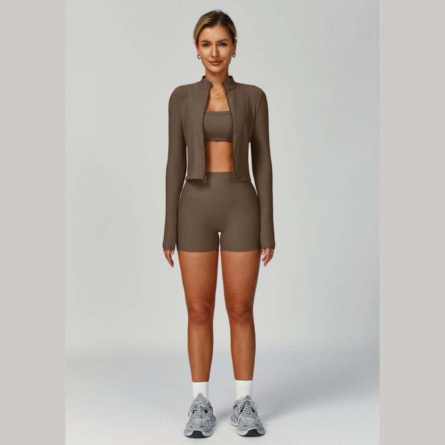 Bilie Ribbed Fabric 3pcs Short Set - Brown