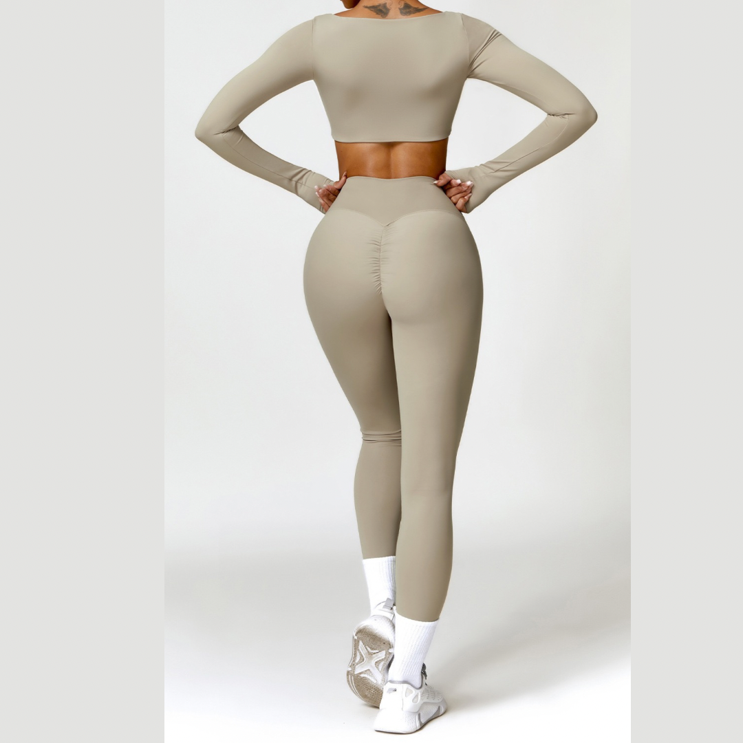 Stylish Long-Sleeve Top Skinny Scrunched Legging Set - Cement