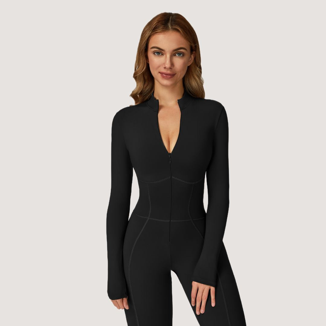 Sculpting Fleece Long-Sleeve Jumpsuit - Black