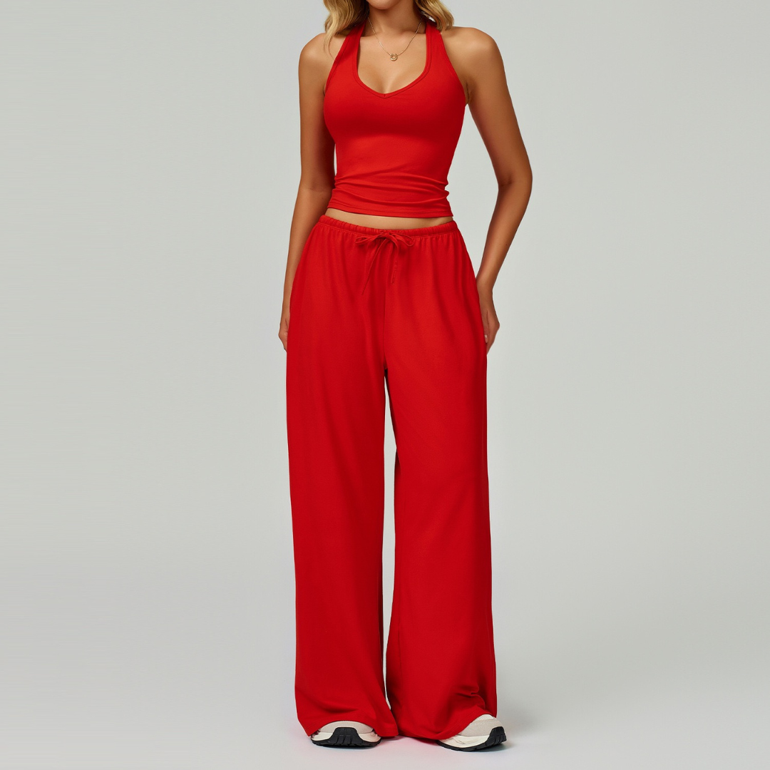 Aspasia Vest Top Flared Legging Set - Red