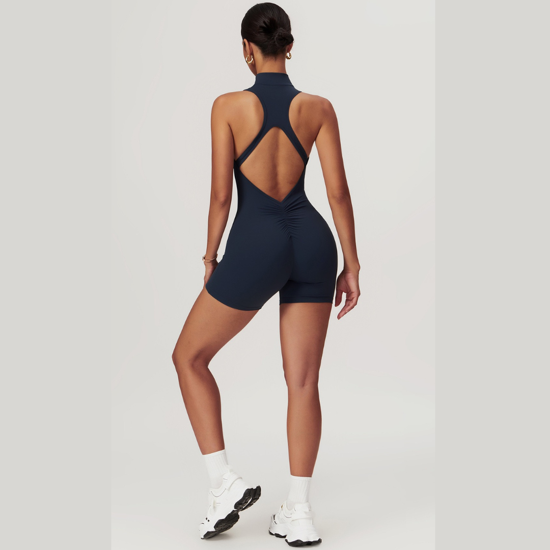 Stylish Zipper Scrunched Romper - Navy