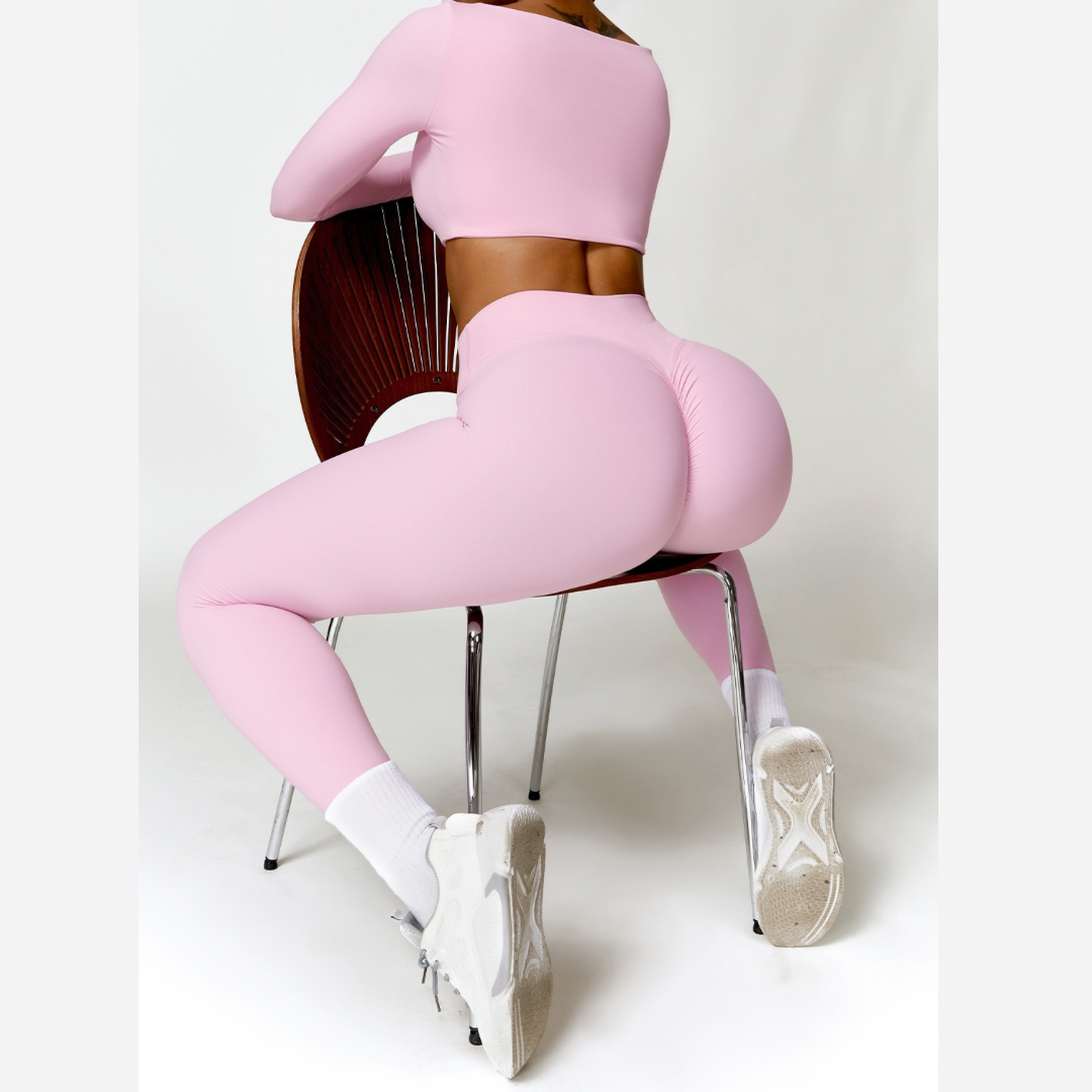 Stylish Long-Sleeve Top Skinny Scrunched Legging Set - Pink