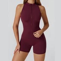 Stylish Zipper Scrunched Romper - Burgundy