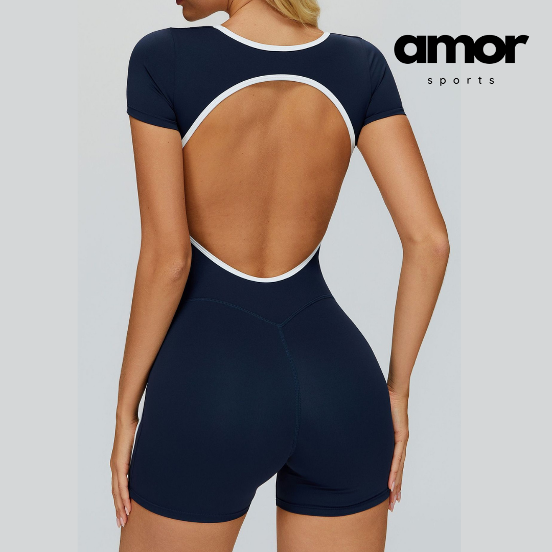 Nina Open-Back Short Sleeve Sport Romper - Navy