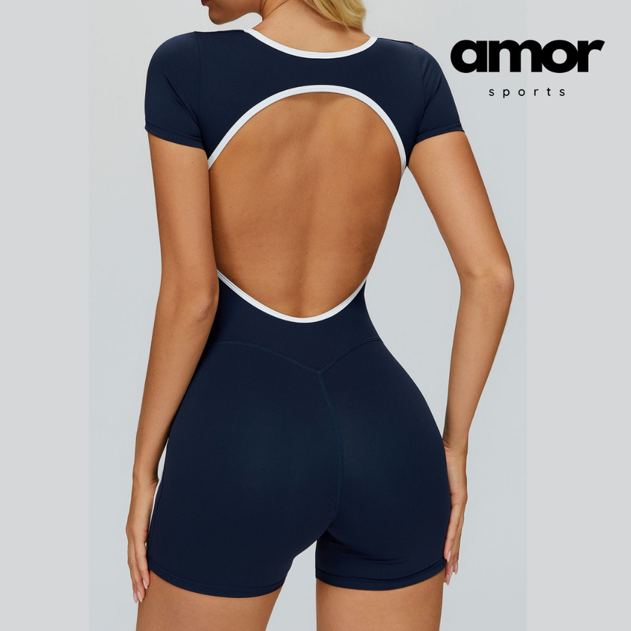Nina Open-Back Short Sleeve Sport Romper - Navy