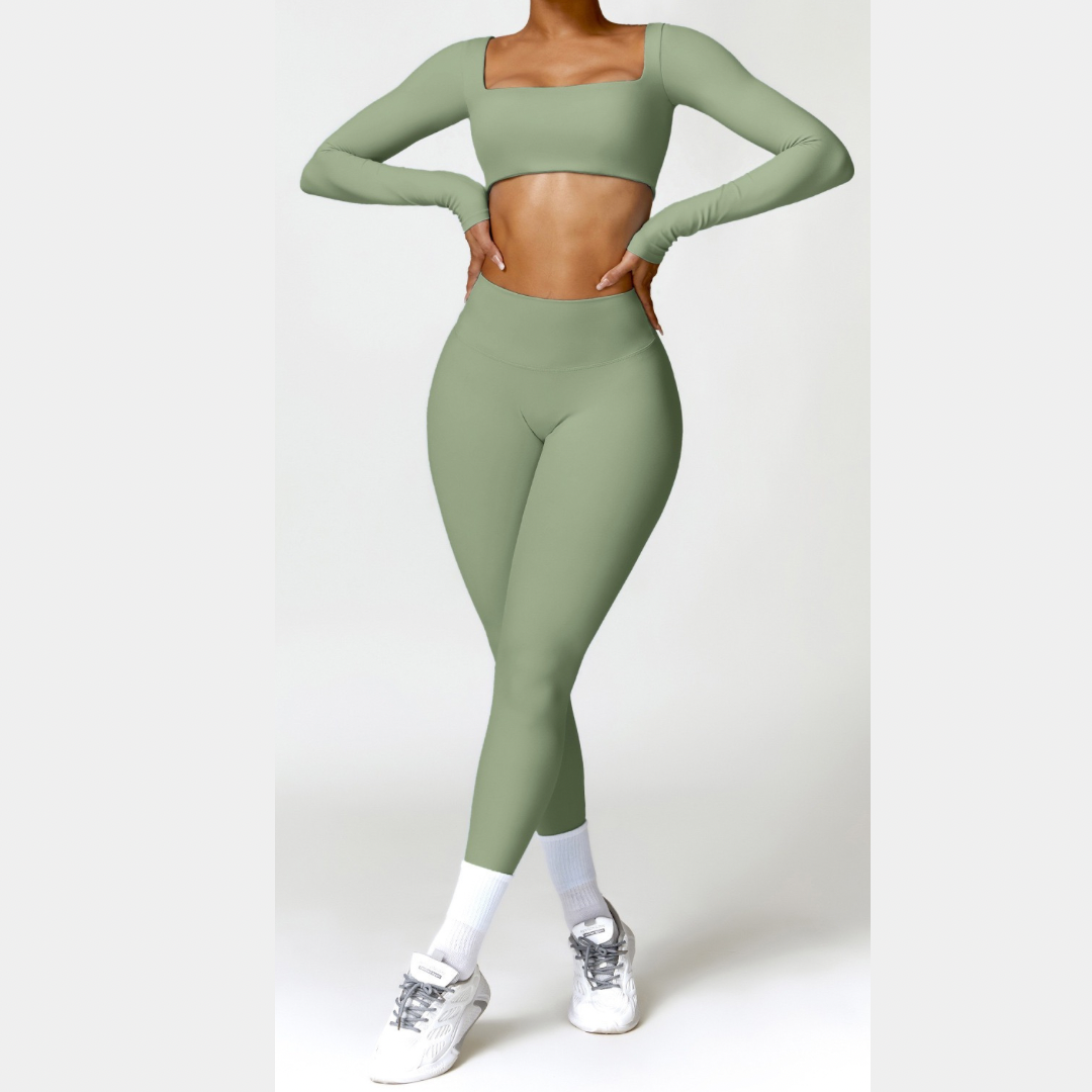 Stylish Long-Sleeve Top Skinny Scrunched Legging Set - Green