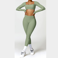 Stylish Long-Sleeve Top Skinny Scrunched Legging Set - Green