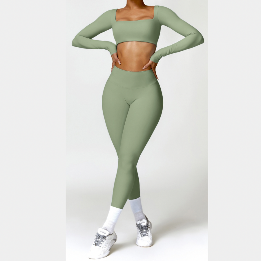 Stylish Long-Sleeve Top Skinny Scrunched Legging Set - Green
