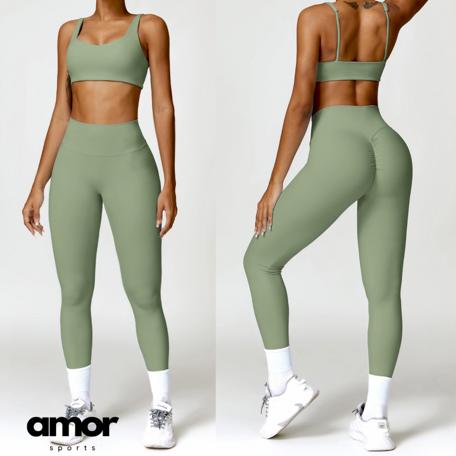 V-Top Skinny Scrunched Legging Set - Green