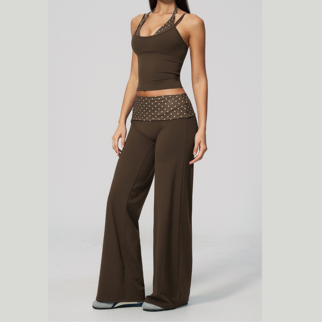 ENA Polka Dot Flared Legging Set - Brown