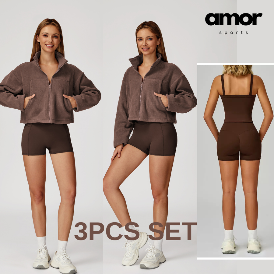3pcs Coral Fleece Jumper Active Set - Brown