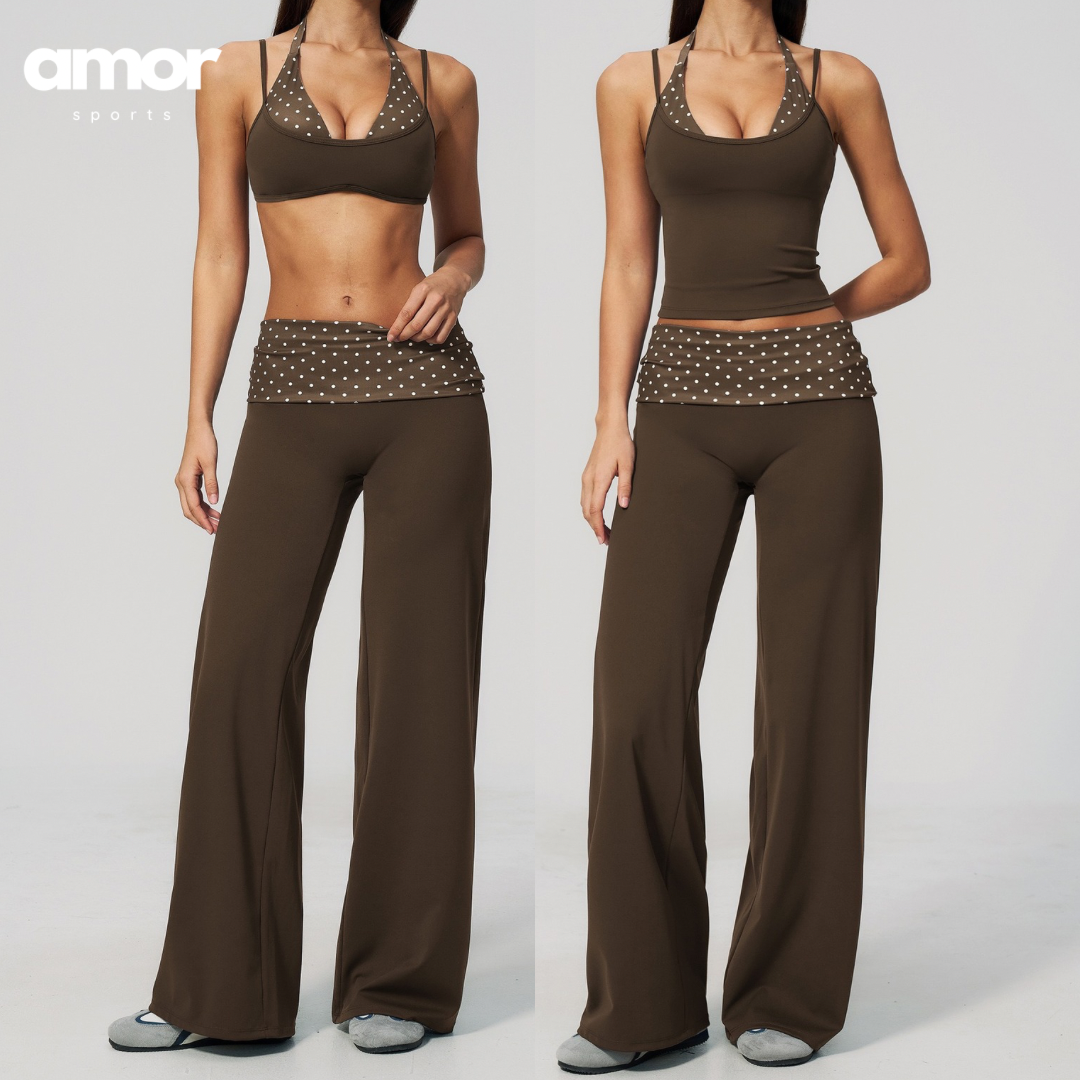 ENA Polka Dot Flared Legging Set - Brown