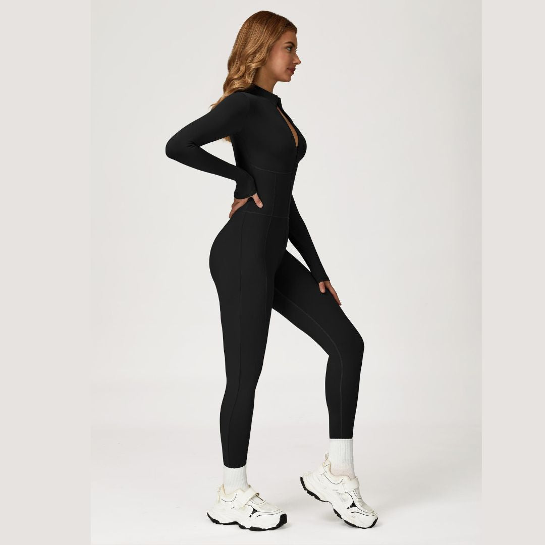 Sculpting Fleece Long-Sleeve Jumpsuit - Black