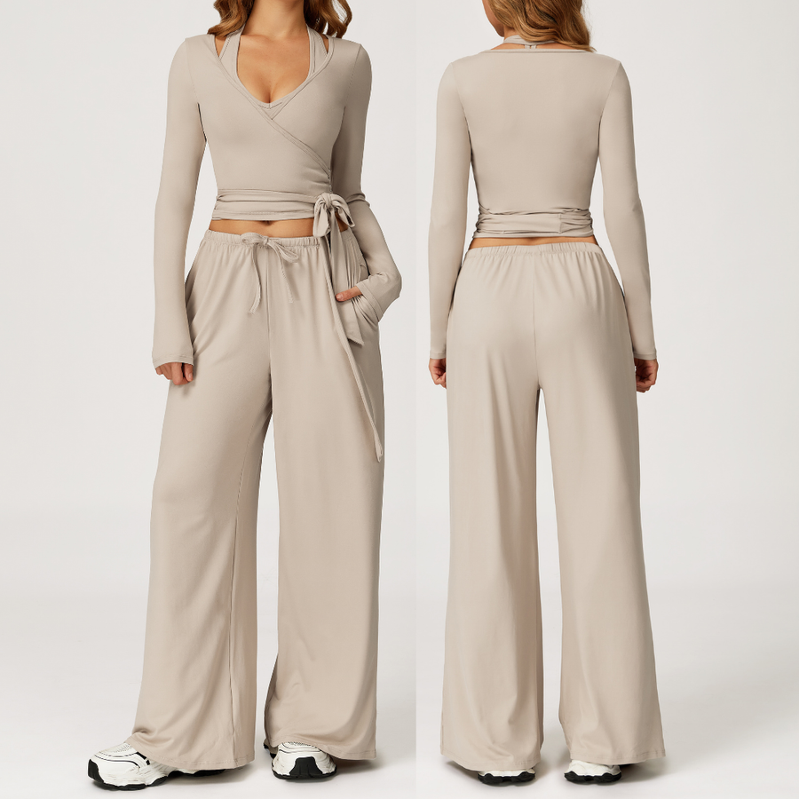 Aspasia Vest Top Flared Legging Set - Beige