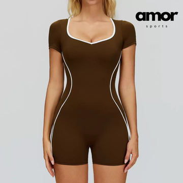 Nina Open-Back Short Sleeve Sport Romper - Coffee