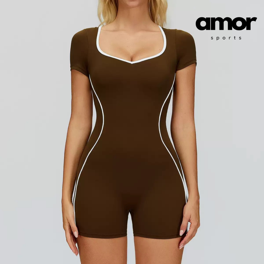 Nina Open-Back Short Sleeve Sport Romper - Coffee