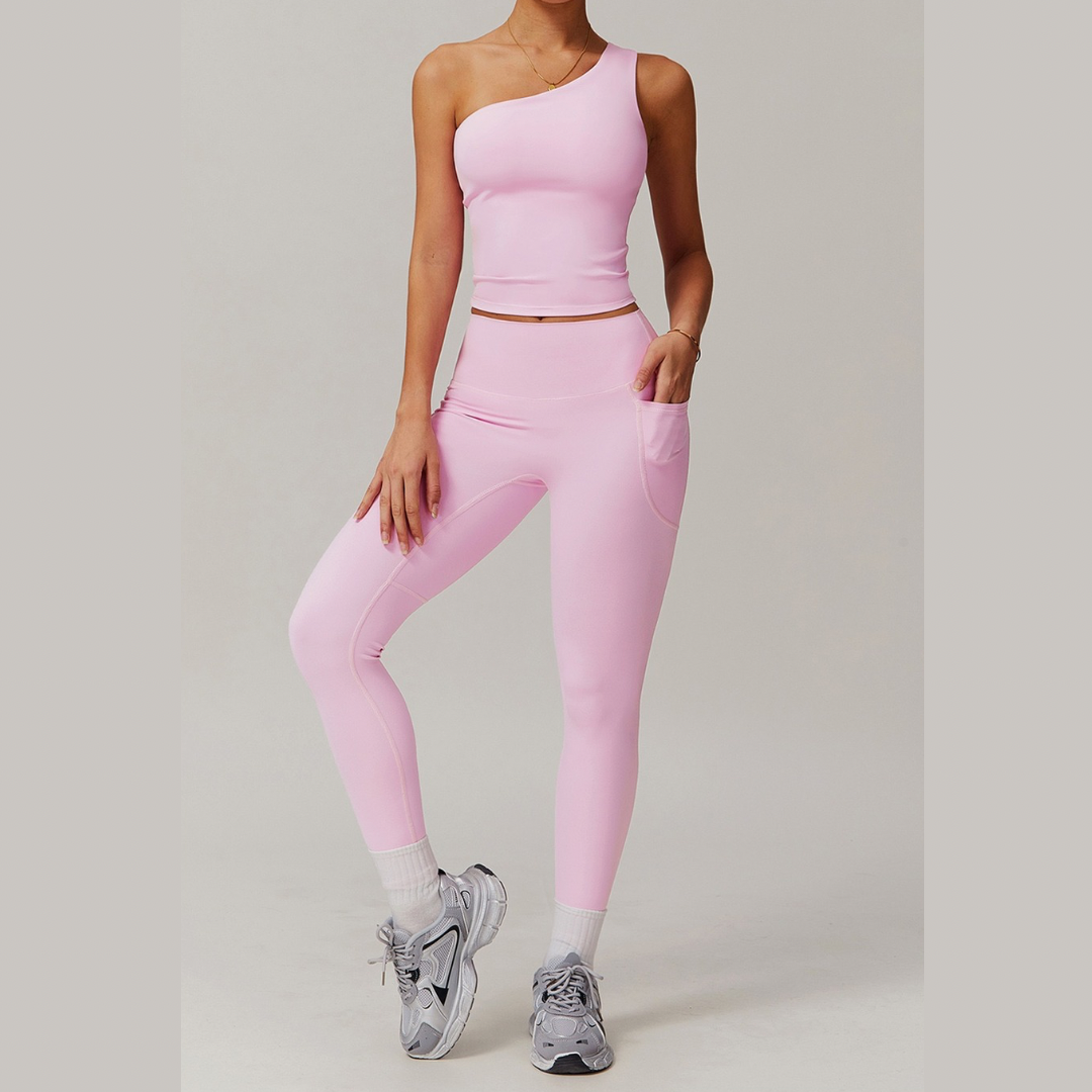 NANA Single Shoulder Top Legging Set - Pink