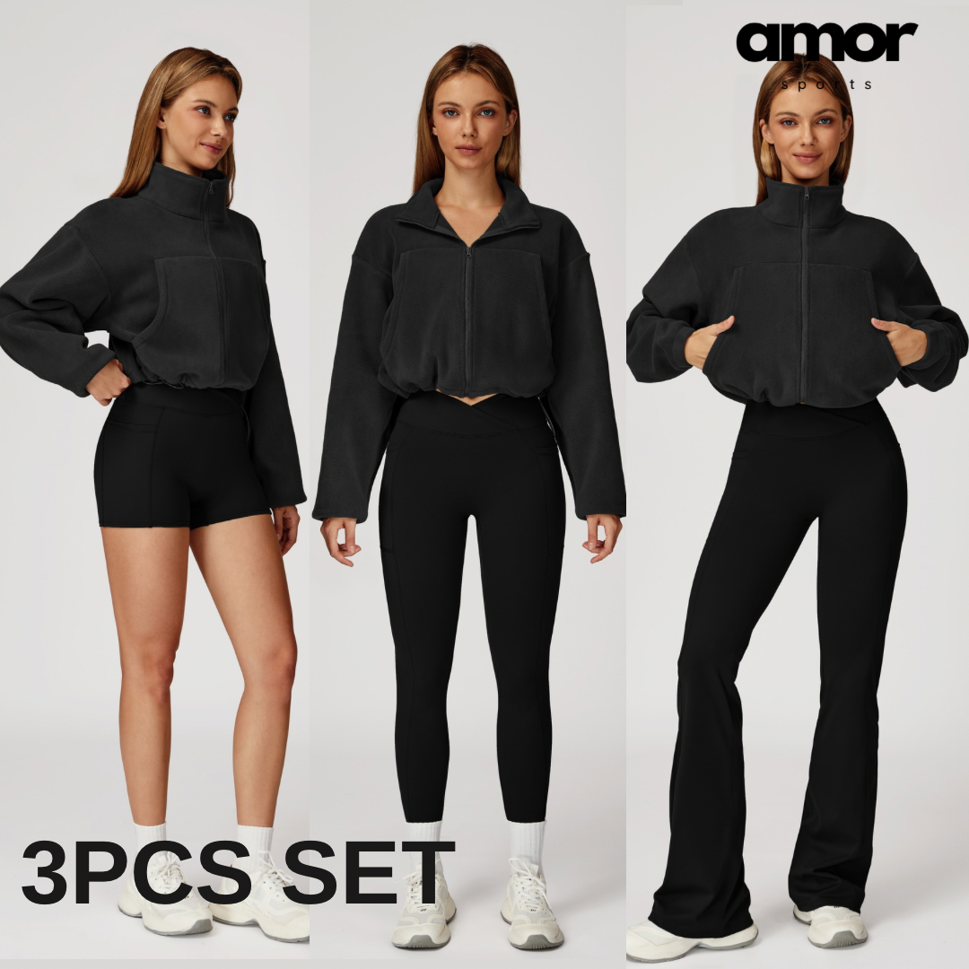 3pcs Coral Fleece Jumper Active Set - Black