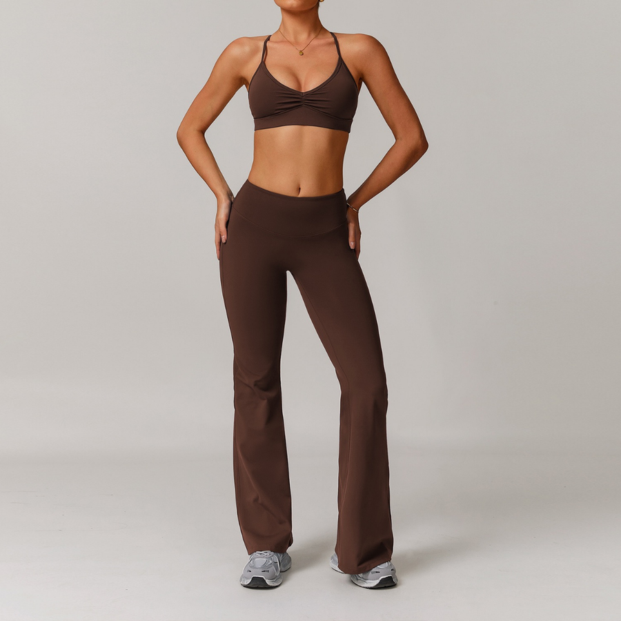ELINA Comfy Sports Bra Flared Legging Set - Coffee
