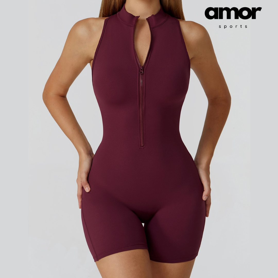 Stylish Zipper Scrunched Romper - Burgundy