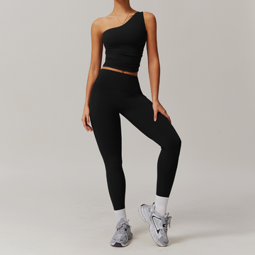 NANA Single Shoulder Top Legging Set - Black