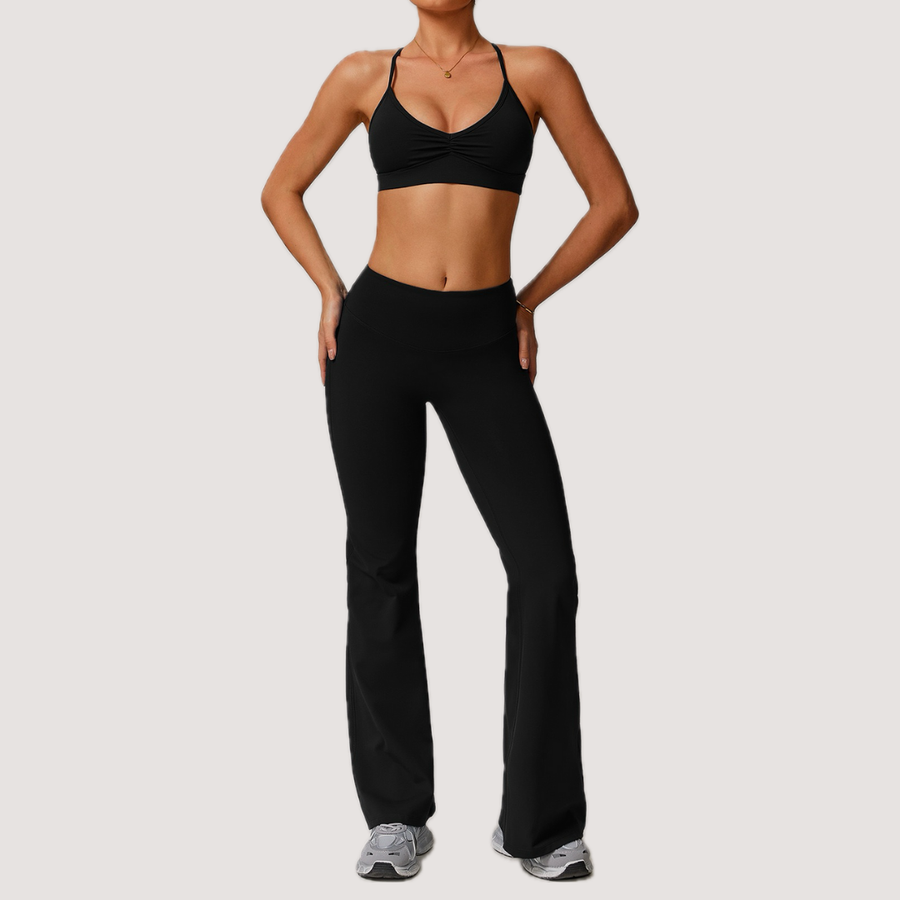 ELINA Comfy Sports Bra Flared Legging Set - Black