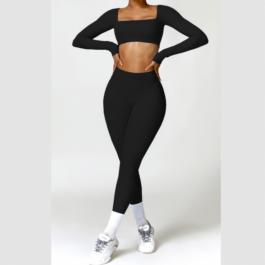 Stylish Long-Sleeve Top Skinny Scrunched Legging Set - Black