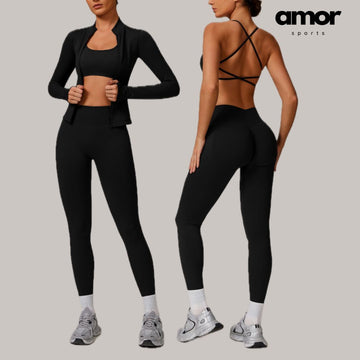 Sleek Seamless 3pcs Jacket Legging Set - Black