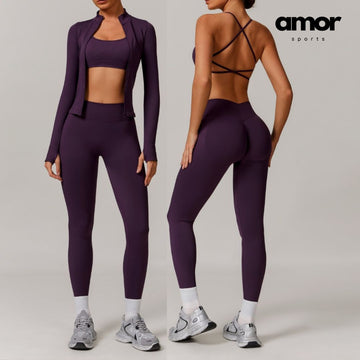 Sleek Seamless 3pcs Jacket Legging Set - Purple