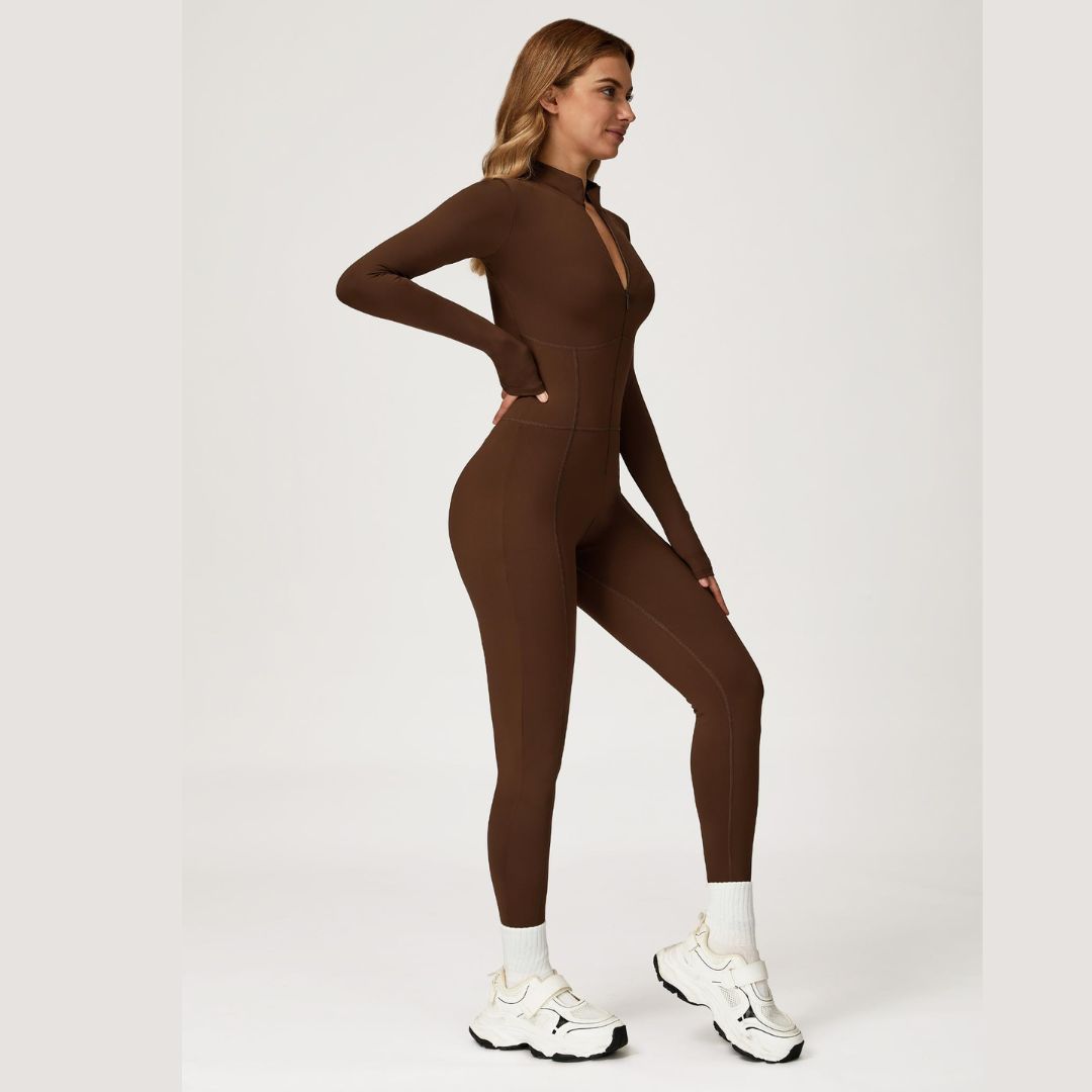 Sculpting Fleece Long-Sleeve Jumpsuit - Coffee