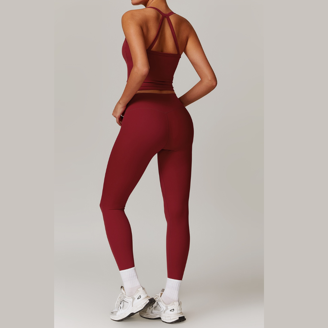 CHRISTIA Cross Back Vest Top Legging Set - Cherry