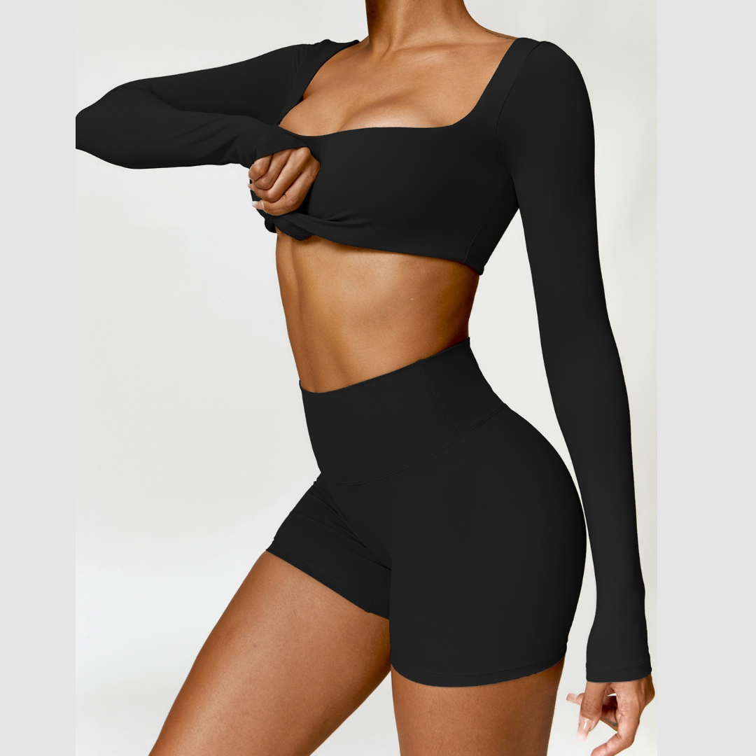 Stylish Long-Sleeve Top Scrunched Short Set - Black