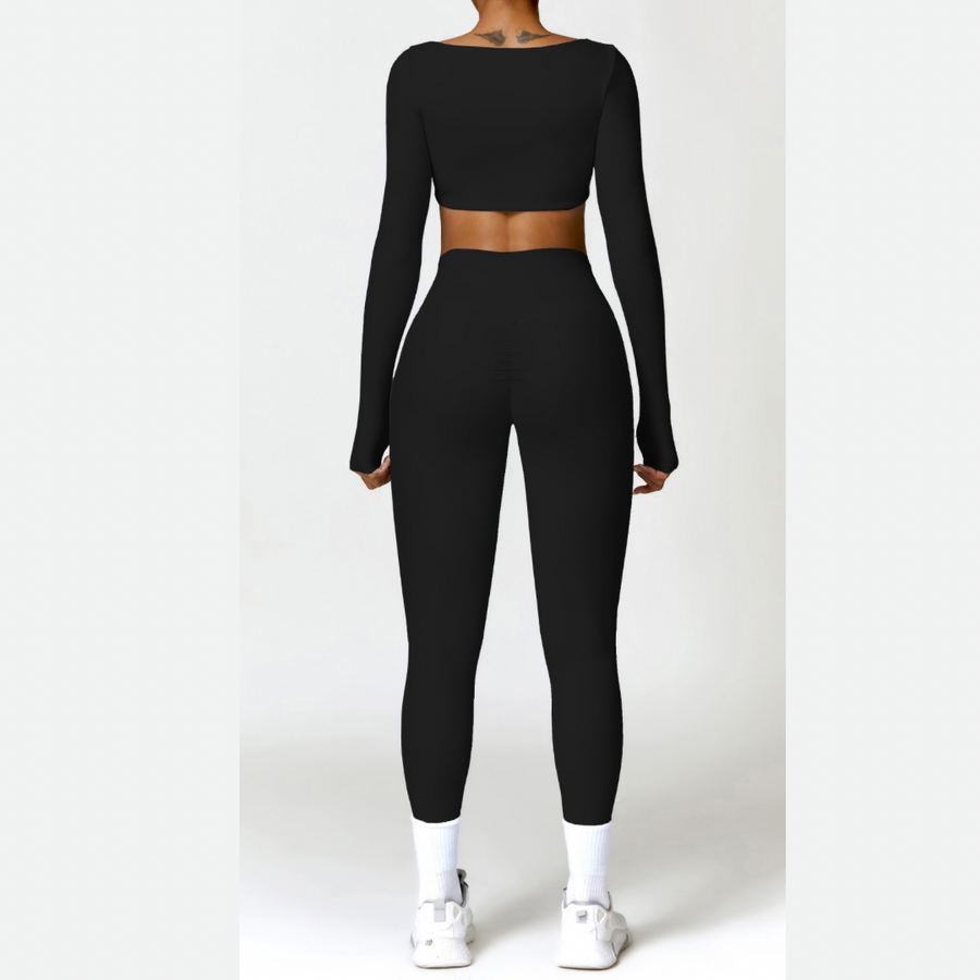 Stylish Long-Sleeve Top Skinny Scrunched Legging Set - Black
