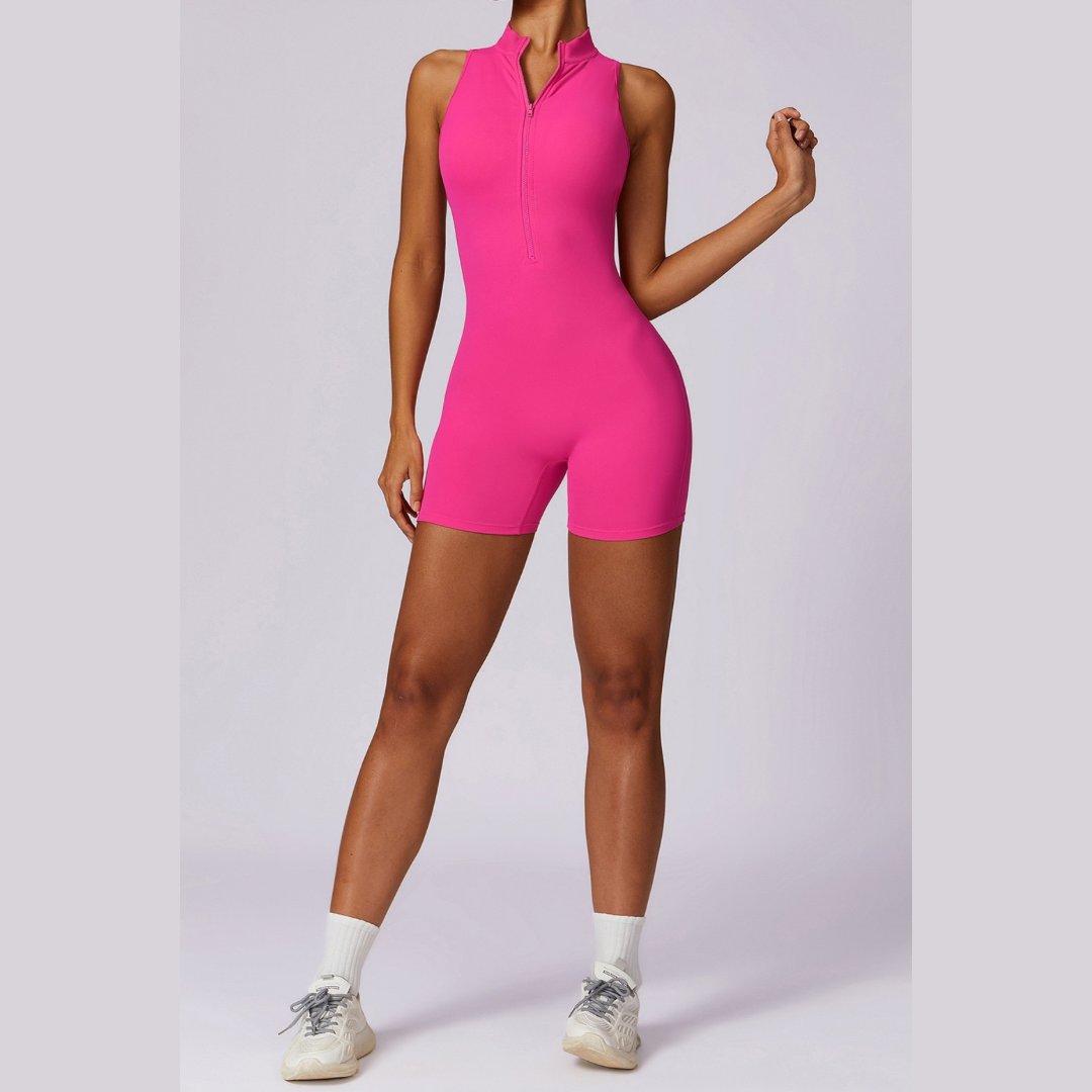 Stylish Zipper Scrunched Romper - Pink