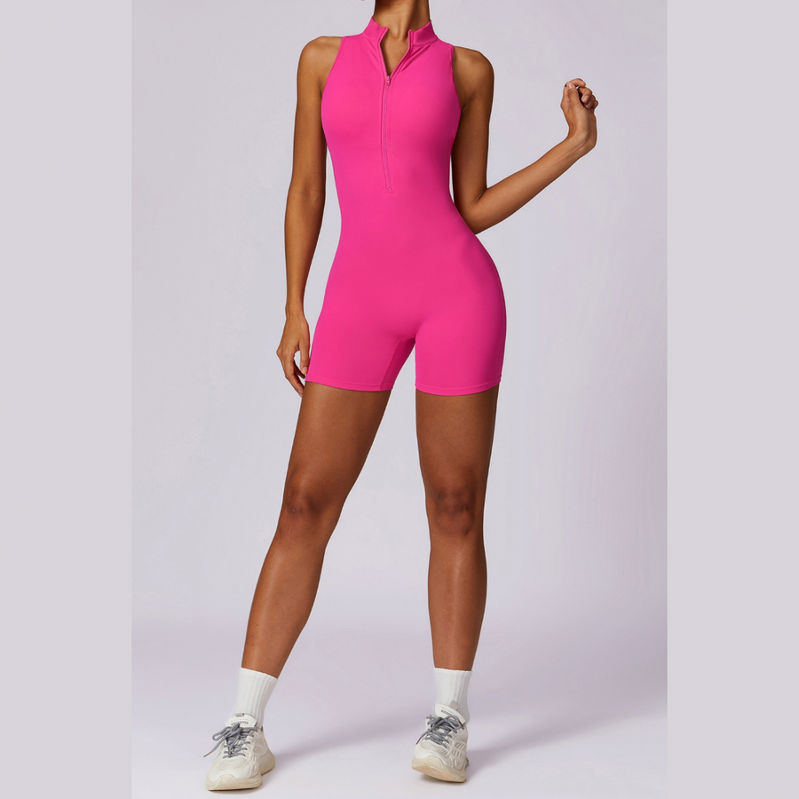 Stylish Zipper Scrunched Romper - Pink