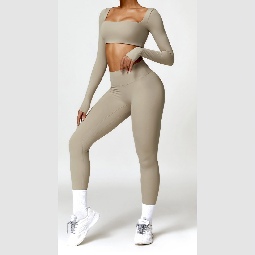 Stylish Long-Sleeve Top Skinny Scrunched Legging Set - Cement