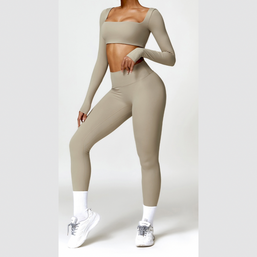 Stylish Long-Sleeve Top Skinny Scrunched Legging Set - Cement