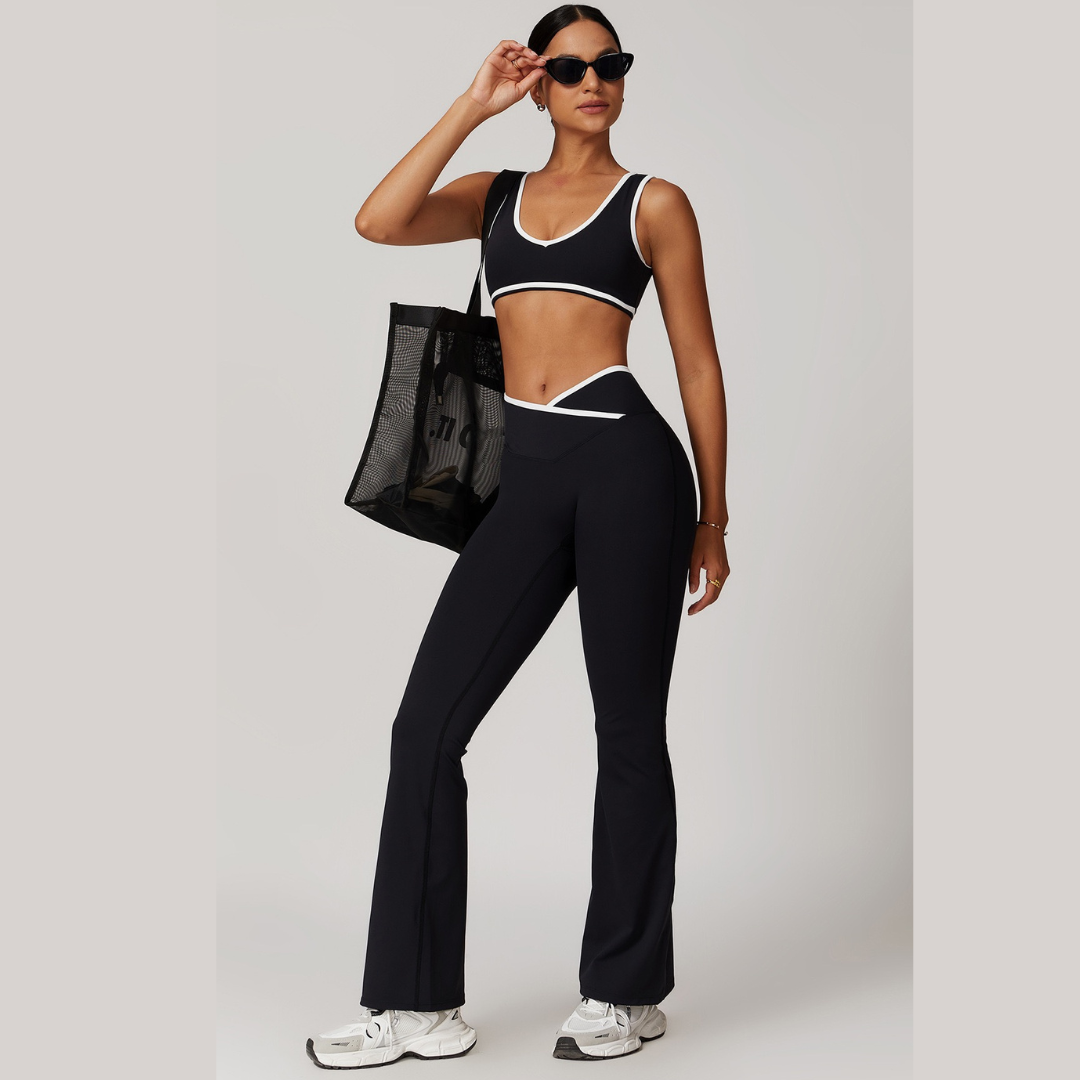 QUEENI Stylish Flared Legging Set - Black