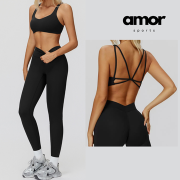 Butterfly-Back Sports Bra Legging Set - Black