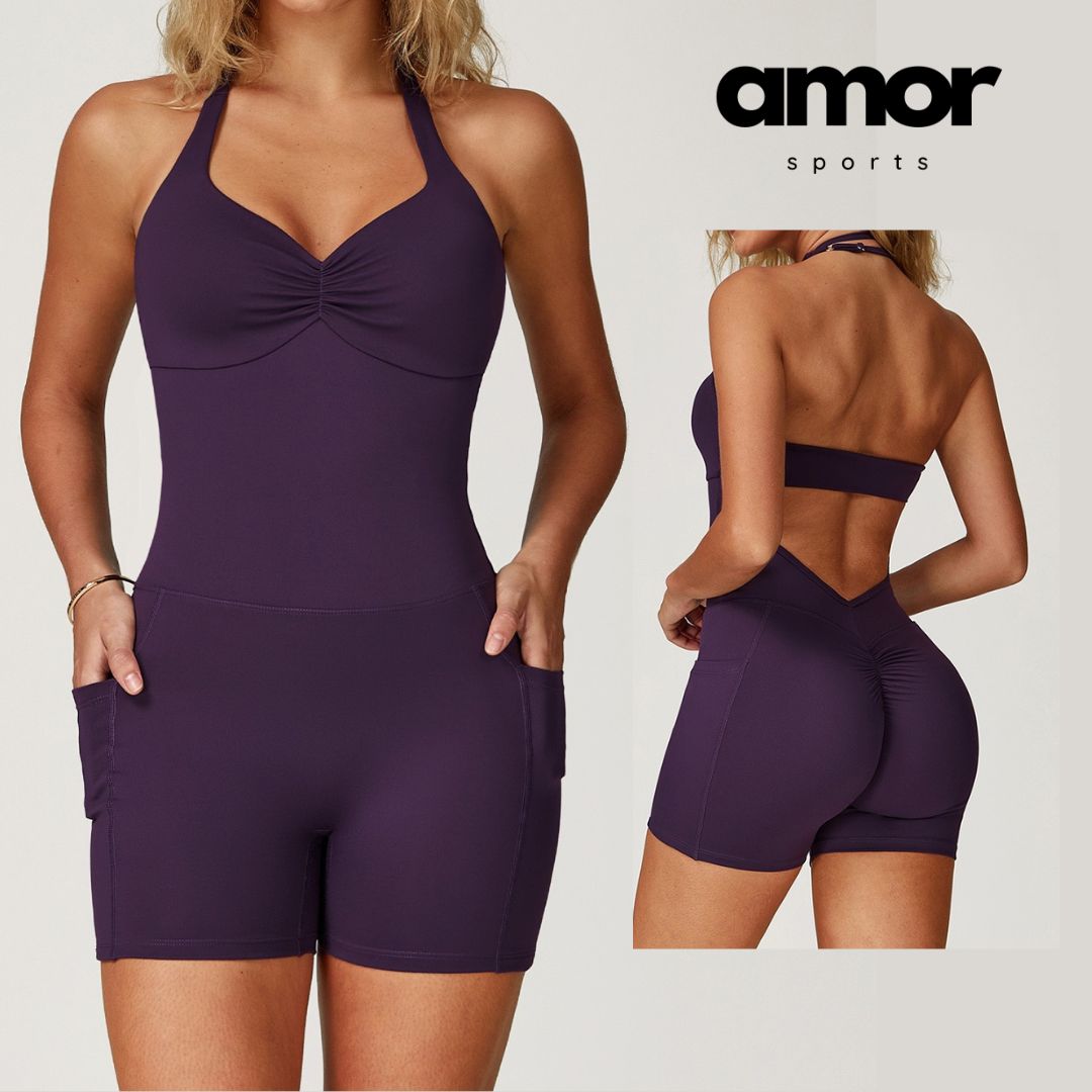 BILLI Scrunched V-Back Romper - Purple