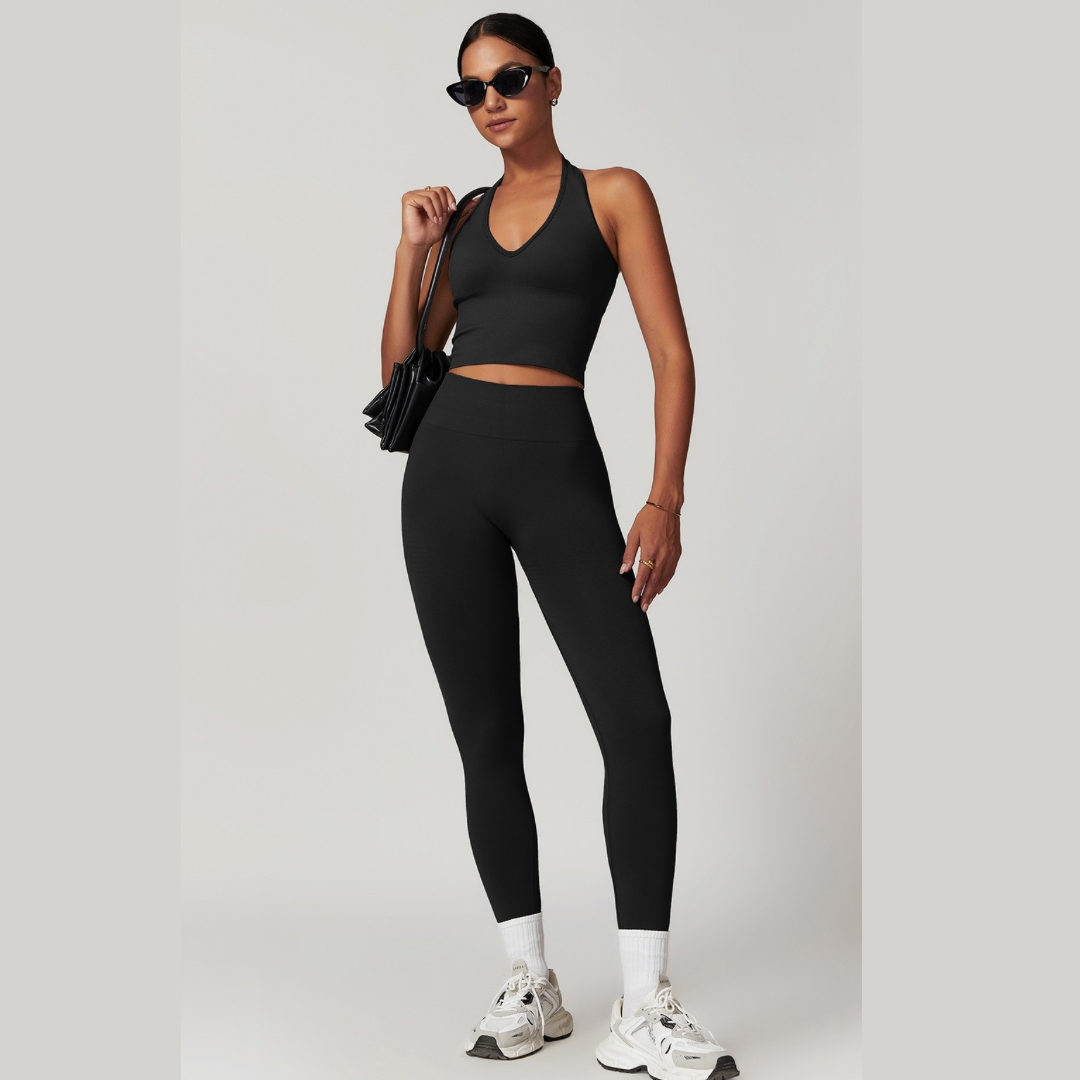 Hela Seamless Backless Vest Top Legging Set - Black