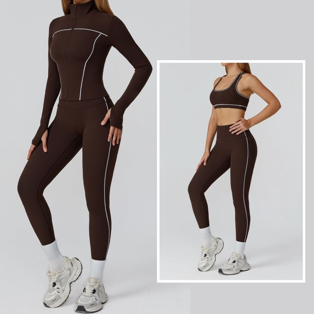 Sporty Chic 3pcs Jacket Legging Set - Dark Coffee
