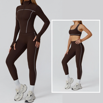 Sporty Chic 3pcs Jacket Legging Set - Dark Coffee